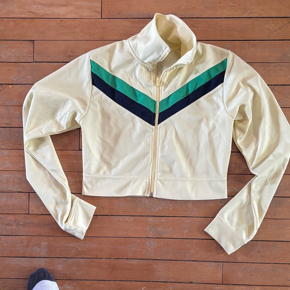 EUC Vanity yellow Cropped Jacket with Green & Navy Chevron